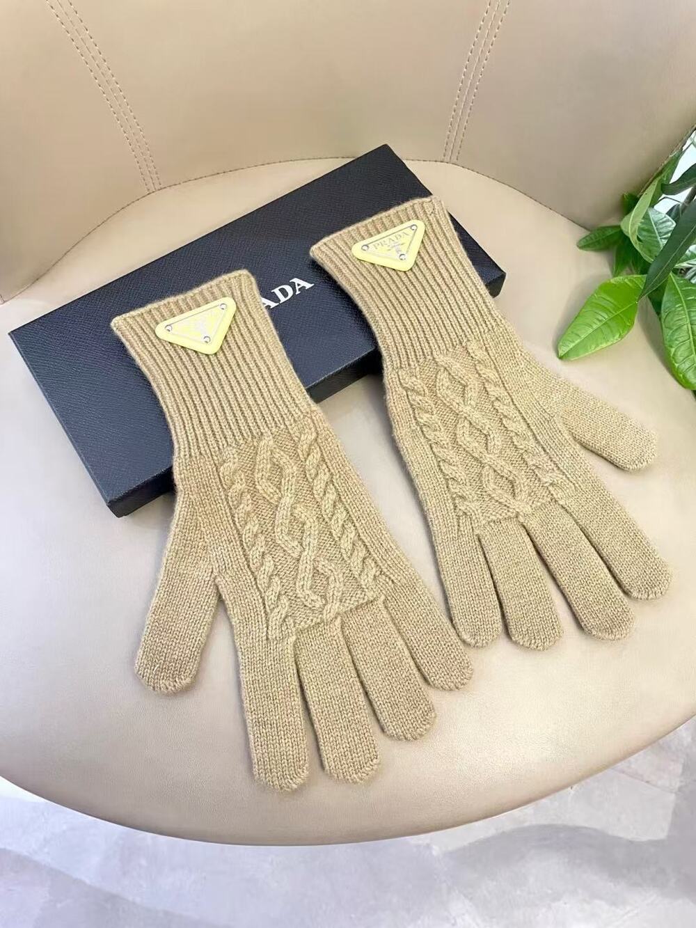 Prada Beige Cable Knit Triangle Logo Winter Gloves